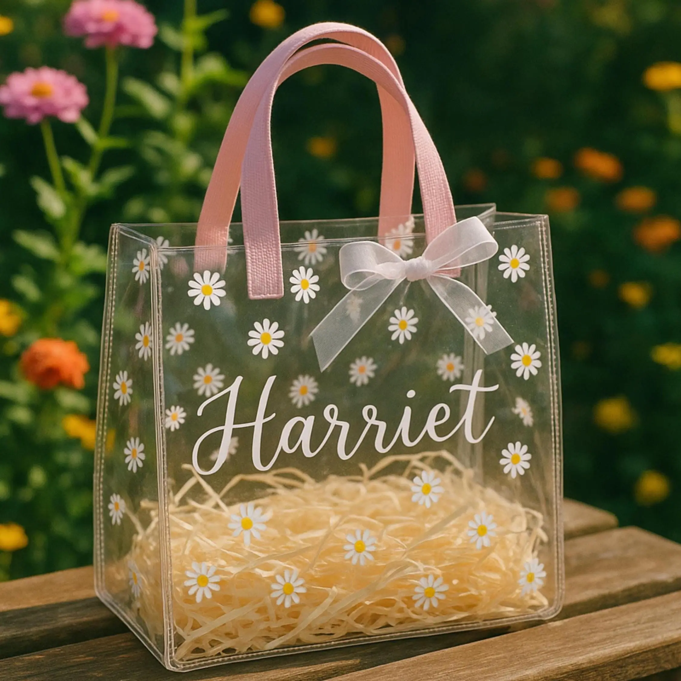 Personalized Clear Daisy Tote | Flower Girl Gift Bag | Bridesmaid Gift | Custom Name Bag Wedding Party Gift Bridal Shower Baby Shower Easter