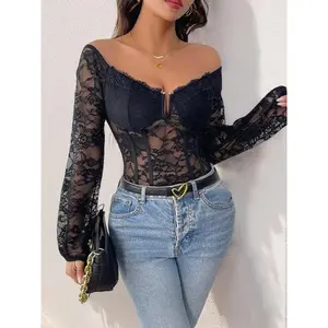 Lace Trim V-Neck Off-Shoulder Long-Sleeve Bodysuit, Elegant Sexy Bodysuit for Women, Perfect for Evening Wear and Special Occasions