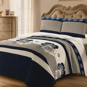 King Size Bed Set (3-Piece) – Navy Gray & Blue Floral Bedding | Elegant Soft Comforter for Bedroom
