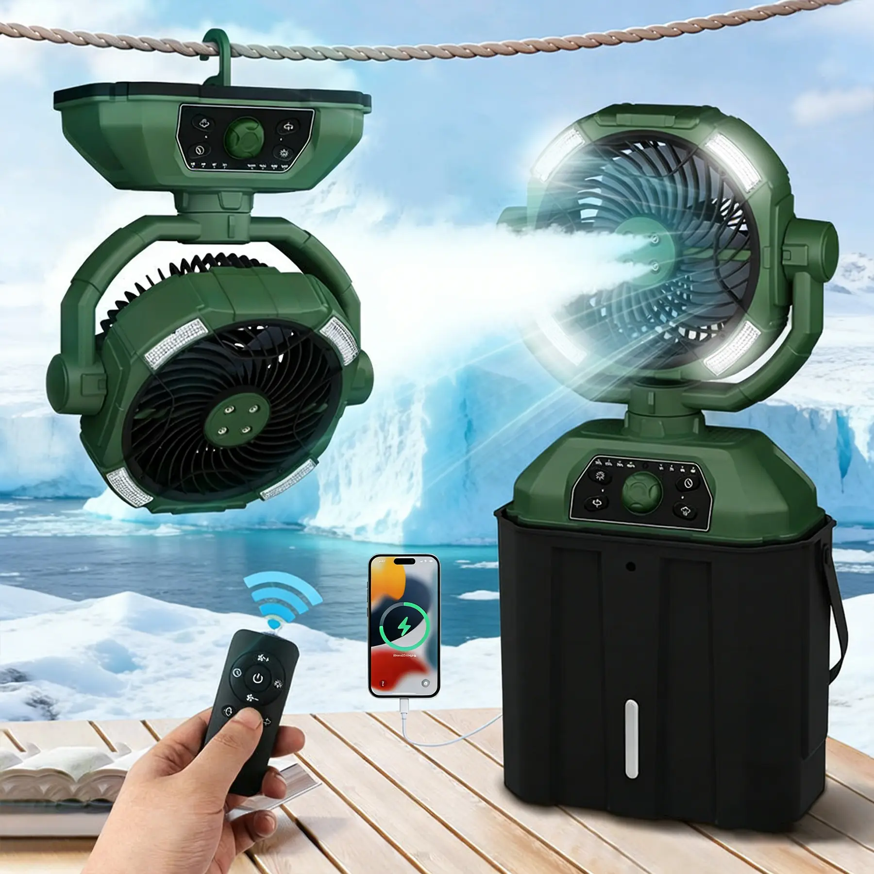Atomization cooling circulation fan, 36-hour battery life, stepless speed regulation, four-hole atomization, timing indicator light, night light, suitable for home, construction site and travel.