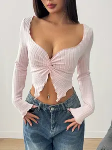 Women's Sweet Heart Neckline Top Blouse, Pure Color Ribbed Twist Knot Design, Long Sleeve Slim Fit, Spring Summer Chic Fashion