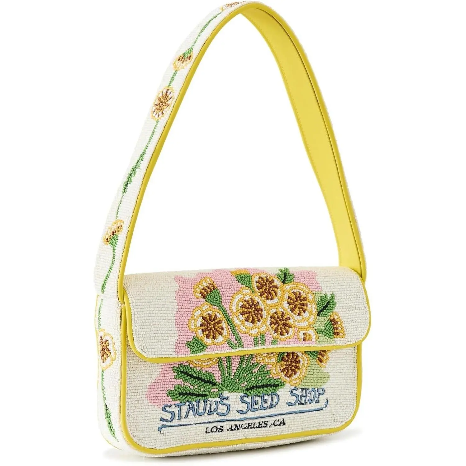 STAUD Women's Tommy Bag - Beaded Zebra Stripes Floral Pattern Adjustable Strap Leather Trim Shoulder Bag