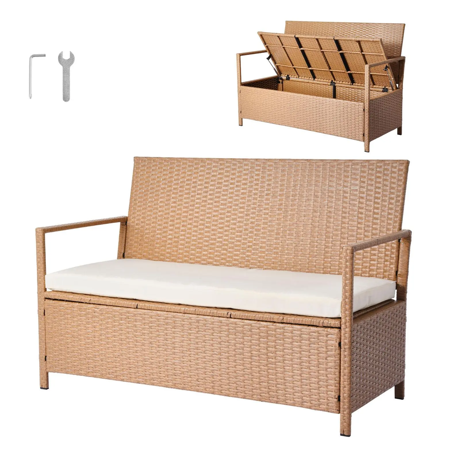 【Summerfinds】VEVOR Modern Multi-Seat Outdoor Safe Rattan Wicker Sturdy Storage Bench, 2-Person PE Rattan 70 Gal Deck Box with 2.8" Thick Cushion, Washable Cover, 265 lbs Capacity, for Patio, Garden, Modern Storage Benches, Multi-Seat Storage Benches