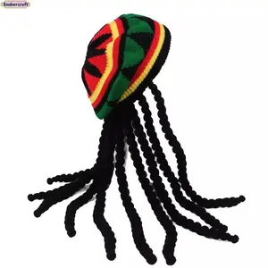 Jamaican Dreadlocks Hat Colorful Knit Beret with Rainbow Braids Reggae Style Wool Wig for Halloween Costume Accessories Boho Festival Knit Hat for Women Men