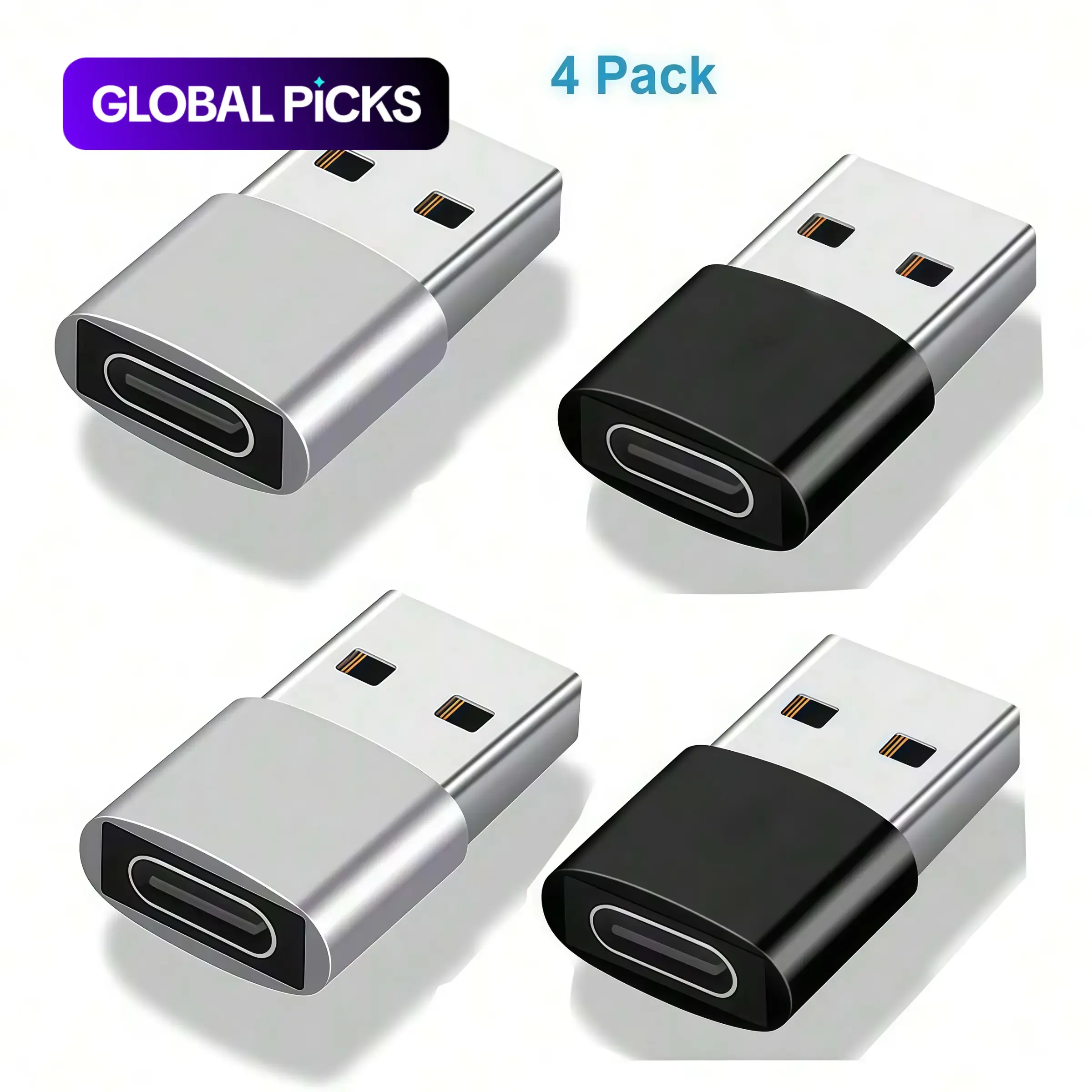 4-Pack Silver Type‑C Female to USB 2.0 Male OTG Adapters, Support Compatibility, PD Fast Charging and Data Transfer for Headphone and Device Connections