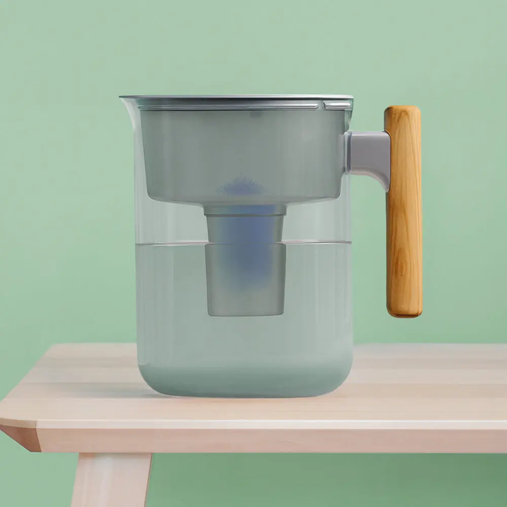 Eco-Friendly Water Filter Jug with 16-Cup/3.8L Capacity, Wooden Handle, Transparent Design, Filter Dial for Busy Households Home Use