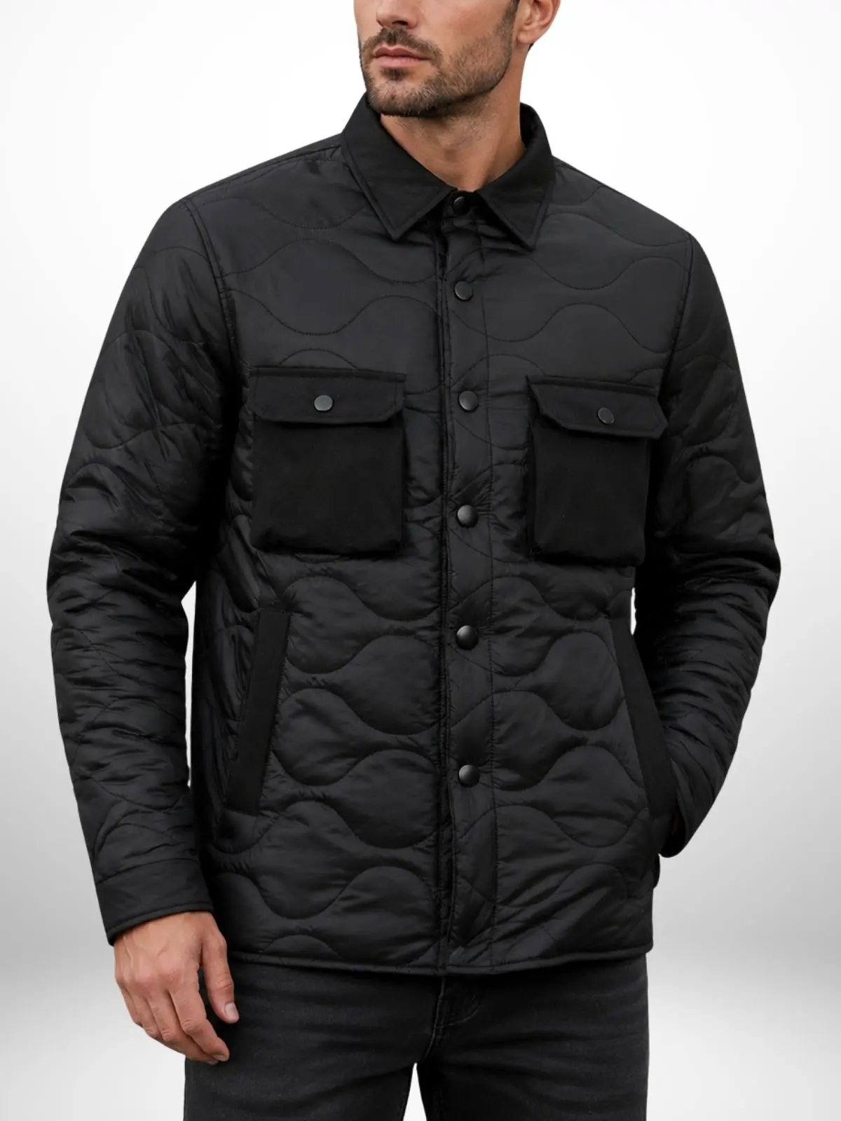 Men's Stylish Chic Wavy Topstitching Workwear Shirt Jacket - Menswear, Lightweight, Turn-Down Collar, Multi-Pocket, Foldable Warm Coats Outerwear, Plain