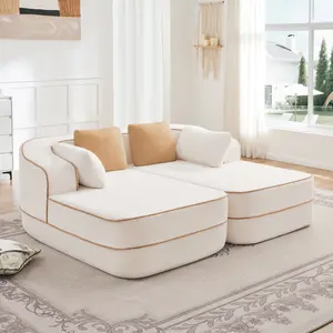 77.2' Teddy Velvet Boneless Sectional Sleeper Sofa with Curved Arms, No Assembly, 32D High-Density Sponge, Fluffy Comfy Double Chaises, Contrast Colors, Symmetrical Aesthetics, Sectional Sofas for Living Room, White