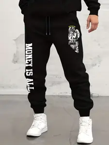 Men's Casual Sport Pants, Angel Cash Print + Text Slogan, Loose-Fitting, Comfortable Fabric, Spring & Fall, Commuter Wear, Athleisure Style Fashion Bottoms