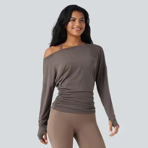 Halara One Shoulder Long Sleeve Thumb Hole Ruched Yoga Sports Top