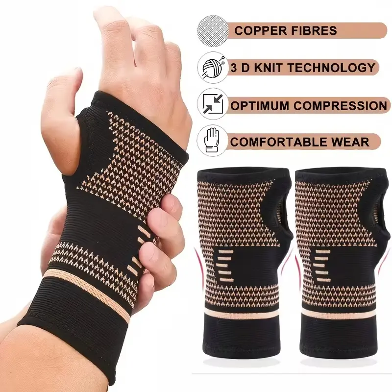 1 Pair Copper-Infused Wrist Braces with Adjustable Strap, Copper Palm-Slip Stabilizers, Breathable Material, Elastic Compression Sleeve - Prop 65 Safe, Arthritis Relief, Carpal Tunnel Support - Festive Party Gift