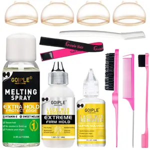 Wig Glue Kit with Lace Front Glue, Remover, Elastic Band, Wig Caps, Edge Control, Hair Wax Stick, and Edge Brush - 9 Count Set Adhesive Melting Spray