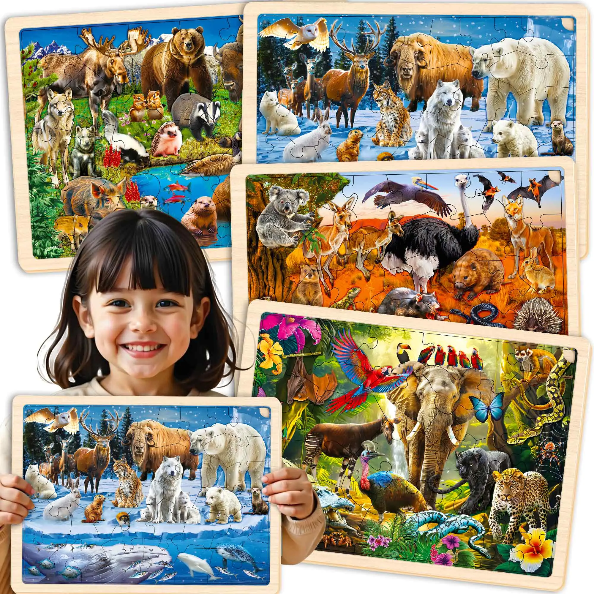 QUOKKA Wood Puzzles 4-Set (36-Piece Total, 11.81 x 8.66 inches) for Kids Ages 4-8, 4x36 Real Yellowstone & Australian Animals Themes, Animal Shapes, Children Development Learning Game for Hand-Eye Coordination, Birthdays