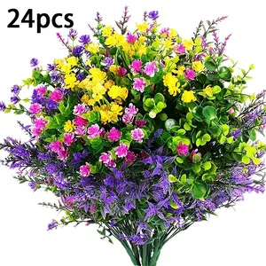 12/24pcs Artificial Flowers Outdoor, Faux Artificial Plants UV Resistant Plastic Flower Bulk for Hanging Planter Porch Window Home Wedding Fall Summer Decor