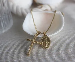 Cross Crucifix Miraculous Medal Virgin Mary Necklace Catholic Christian Gifts for Women Men 18k Gold Plated Protection Baptism Gift