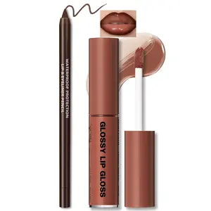 2 Pcs Lip Combo Nourishing Lip Gloss with Brown Lip Liner Lip Combo Set, Moisturizing High Shine Nude Lip Glow Oil Fresh Lightweight Glossy Plumping Lip Gloss for Women Long Wear Mini Liquid Lipstick Makeup#8