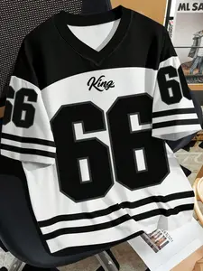 【Plus Size】 Number Print V Neck Short Sleeve T-shirt, Casual Comfy Loose Fit Tee for Daily Wear, Men's Clothing for All Seasons, Top, Menswear