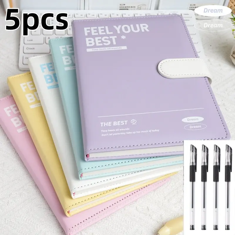 5-Piece Set Spiral Notebook & 4 Pens, Stationery Supplies, Journaling Supplies, School Study Supplies, PU Leather A5 Journal, 100 Sheets Cream Paper, Lined, Ideal for Students, Office, Daily Planning