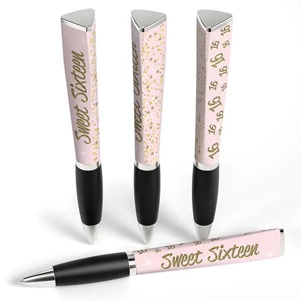 Sweet 16th Milestone Birthday Pen - Fashionable Twist Office Writing Tool, Triangular Colorful Barrel, 360° Imprint, Medium Point, Smooth Writing Office Stationery with Silver Accents for Birthday Gift Ideas