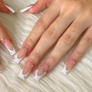 French Tip, Rhinestone Butterfly, Press On Nails 24 Piece Set, Wear in 3 Minutes
