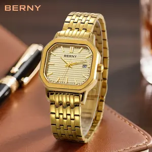 BERNY Luxurious Gold Watch for Men – Classic Square Dial Men's Wristwatch, All Stainless Steel, Super Luminous, 3ATM Waterproof, Adjustable Bracelet for Business and Casual Wear, Reloj de Hombre, Easter Gift