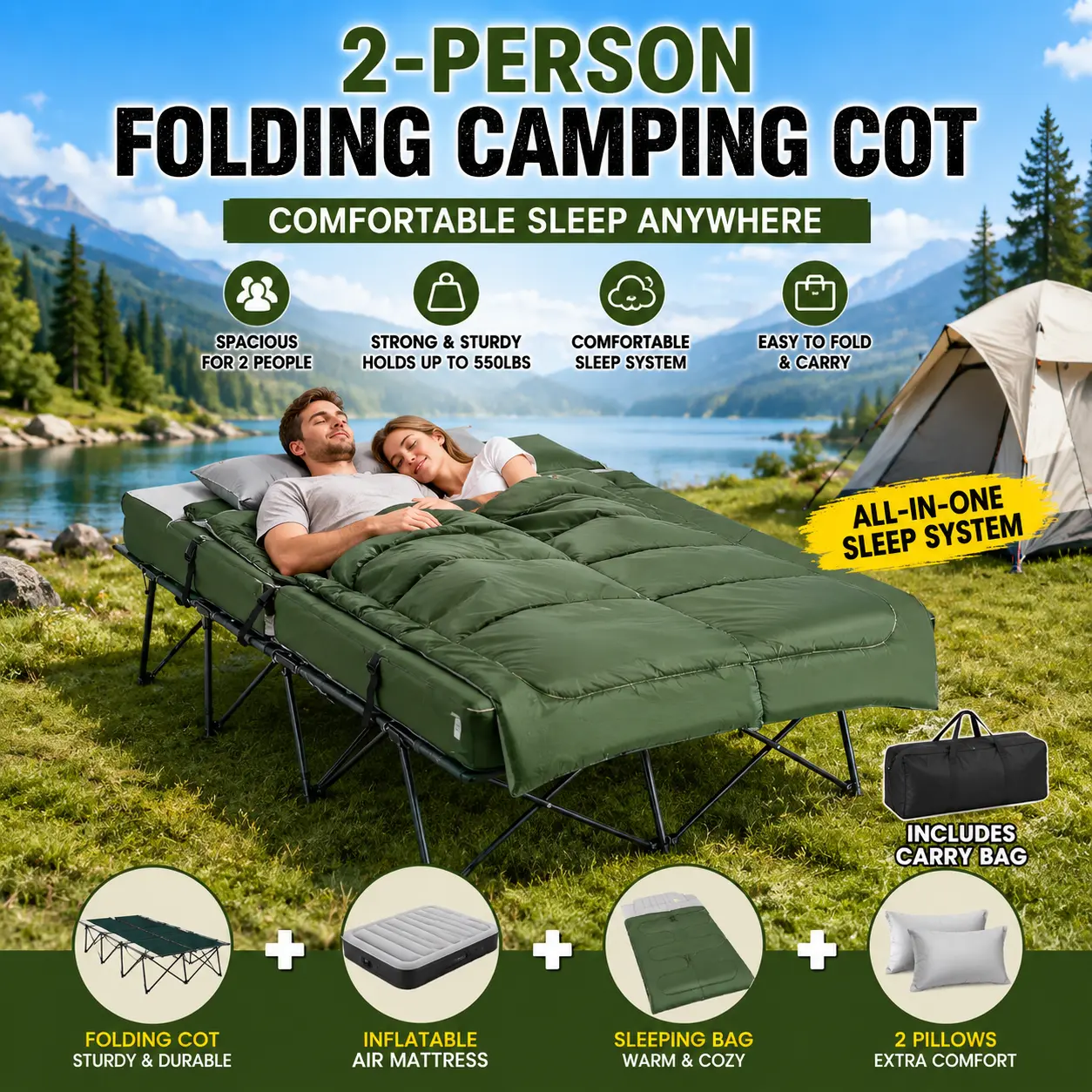 2-Person Camping Cot Tent Set with Air Mattress, Sleeping Bag, Pillows & Foot Pump, Portable Folding Elevated Camping Bed for Outdoor Travel