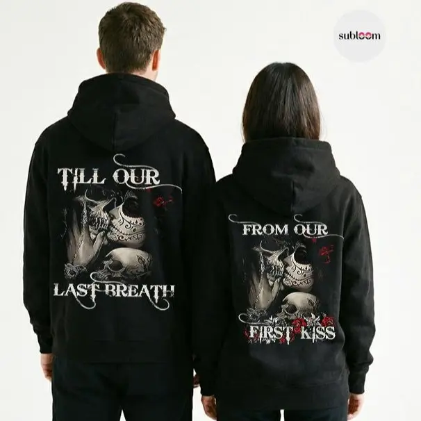 His and Hers Romantic Gothic Couple's Hoodie Set, Skull & Rose Graphic Long-Sleeve Pullover, Ribbed Jet Cotton-Blend Fabric Tops with Drawstring, Stretch, Pocket, Valentine's Love Gift for Men & Women