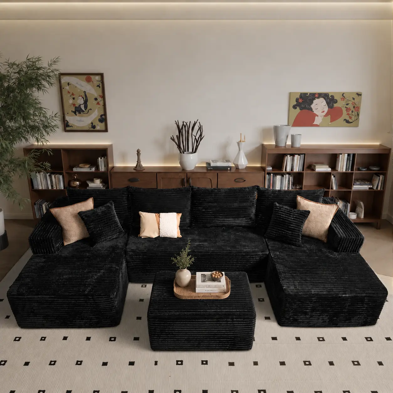 U-Shaped Modular Compression Corduroy Upholstered Sectional Sofa - 3 Packages Shipping, Modern Minimalist Design, No Assembly Required, Comfortable Living Room Couches