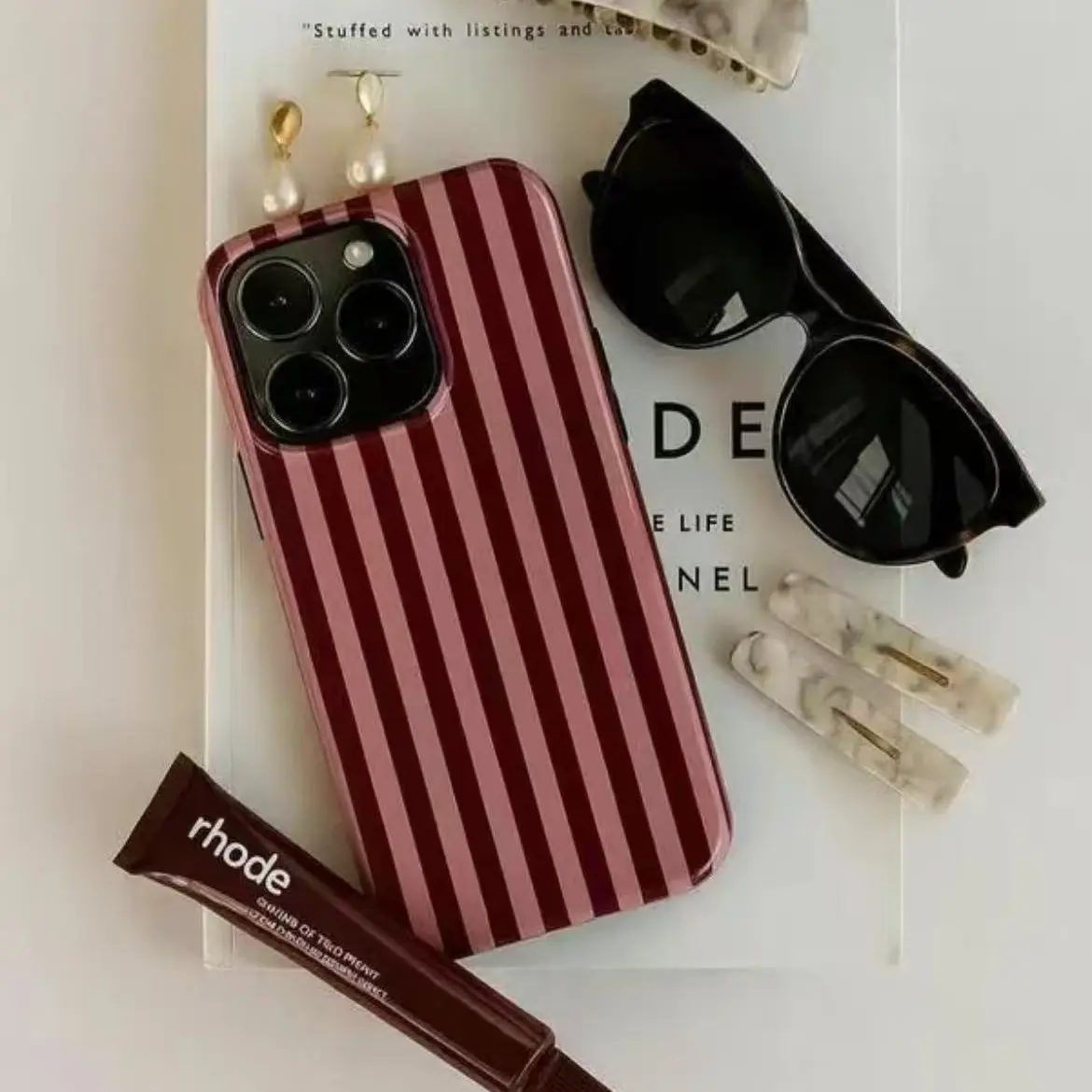 Glossy Slim Tough Burgundy & Pink Stripe iPhone Case, Decorative Multi-Model Protective Easy-Grip Phone Accessory for iPhone 17,16,15,14,13,12,11 Pro,ProMax,Plus,Air Series,Scratch-Proof Gift Casing, Accessories, Iphone Series