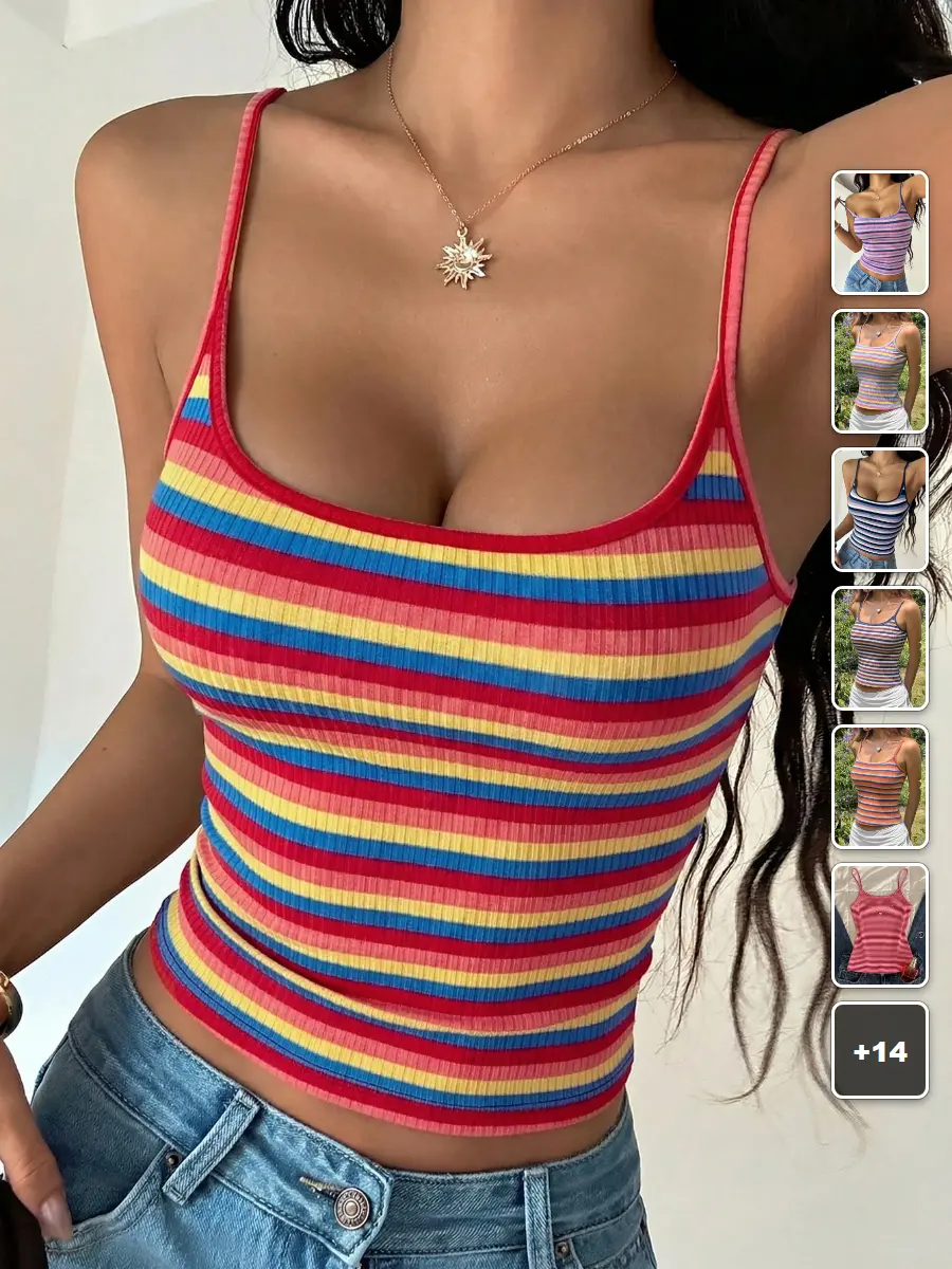 AESS Striped Tank Top Rainbow Ribbed Y2K Summer Outfit Streetwear