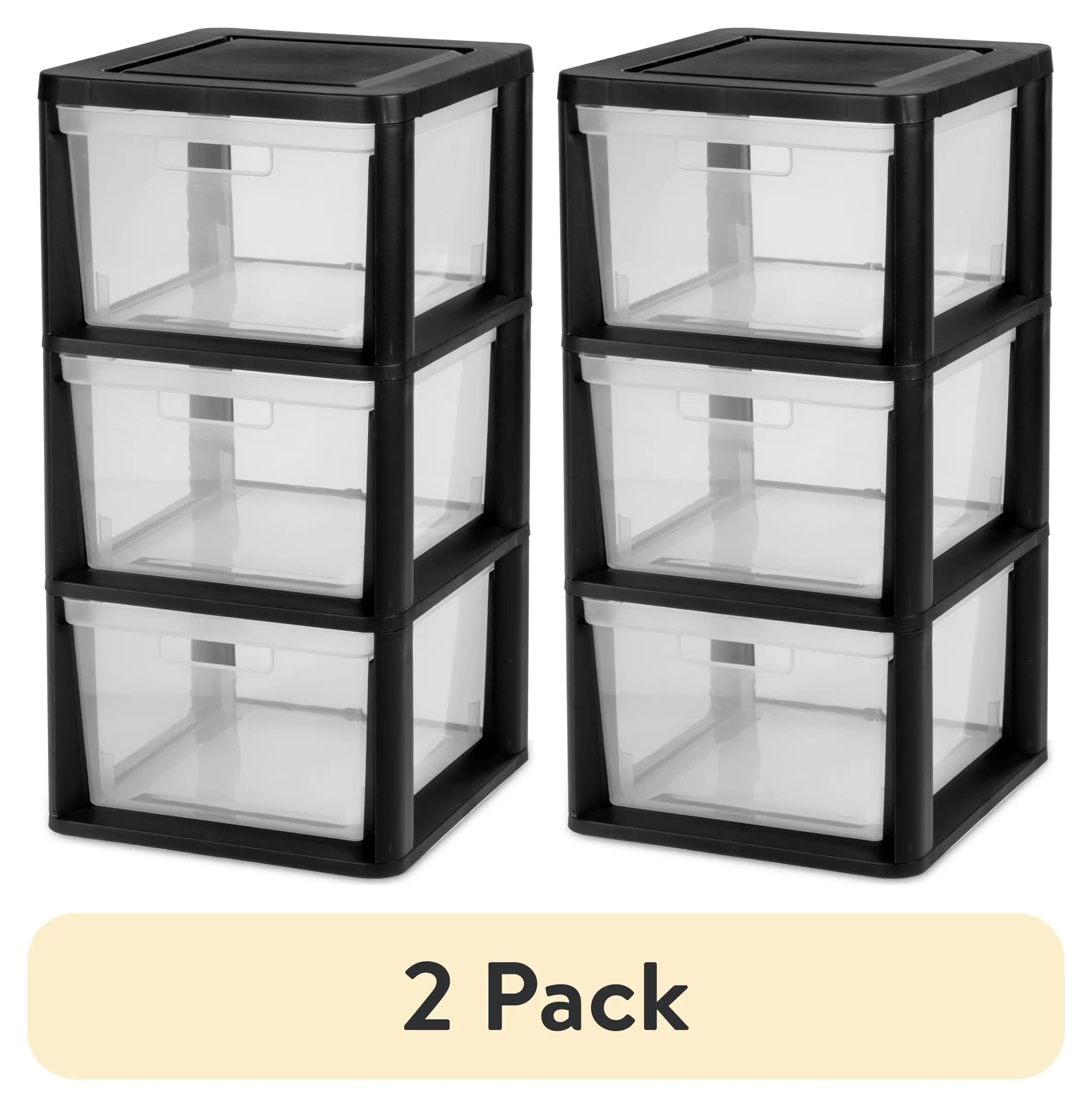 (2 pack) Sterilite 3 Drawer Tower, Plastic Storage Organizer with Removable Clear Bins, Easy Assembly, No Tools Needed, Black