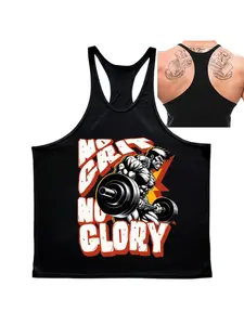 Men's Y-Back Gym Tank Top, "No Grit No Glory" Muscle Man Lifting Barbell Graphic Print, Quick Dry Breathable Sleeveless Workout Stringer for Fitness Training