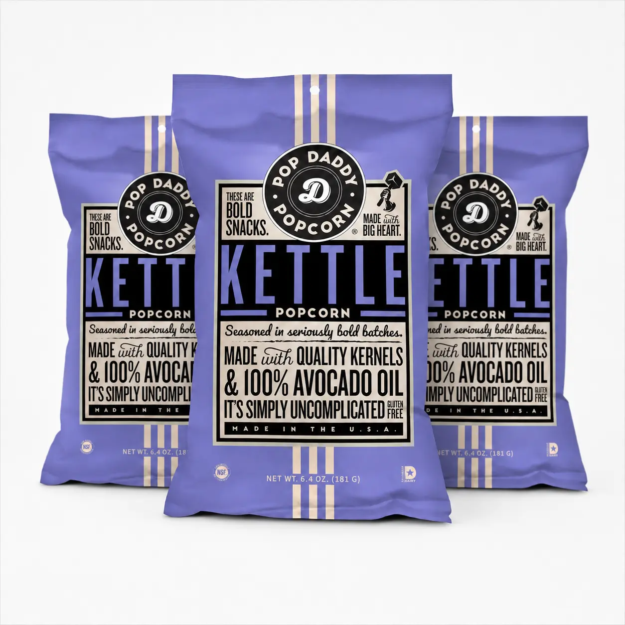 Pop Daddy Flavored Popcorn Gourmet | Kettle Flavor | Hand Seasoned Quality Kernels Gluten Free Popcorn Snacks | 6.4oz Individual Bags | 3 Pack