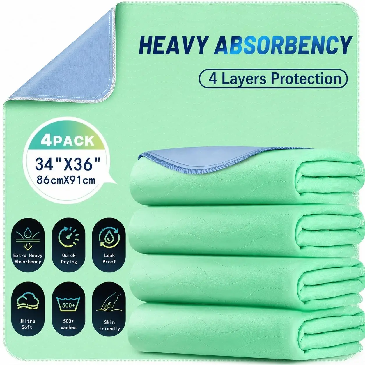 Washable Incontinence Bed Pads, 4 Pack 34" x 36" Reusable Heavy Absorbency Underpads, Soft Protective Liners for Adults, Kids, and Pets, Incontinence Pads, Absorbent Pads