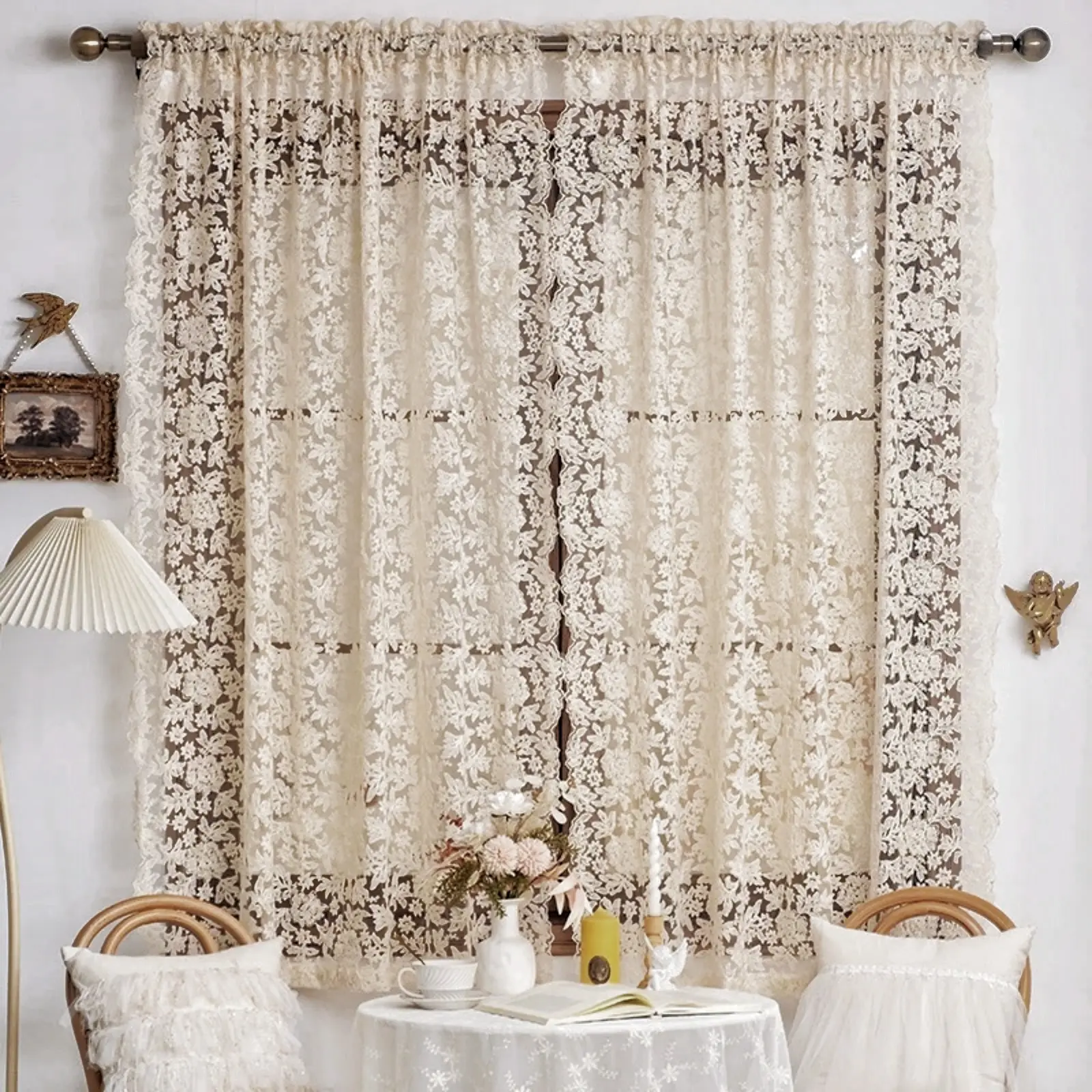 Boho Crochet Semi Sheer Curtains (2-Panel, 51w x 63l inch=130x160cm), Beige Vintage Floral Embroidered Lace Style Home Room Decor Drapes, Rod Pocket Polyester Lightweight Ready Made for Bedroom Living Room, Do Not Bleach, Flowers, French Country
