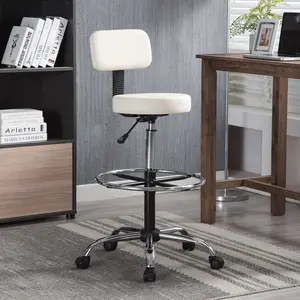 Premium Drafting Chair Cream, Adjustable Height, PU Leather, Swivel Casters, Rolling Wheels