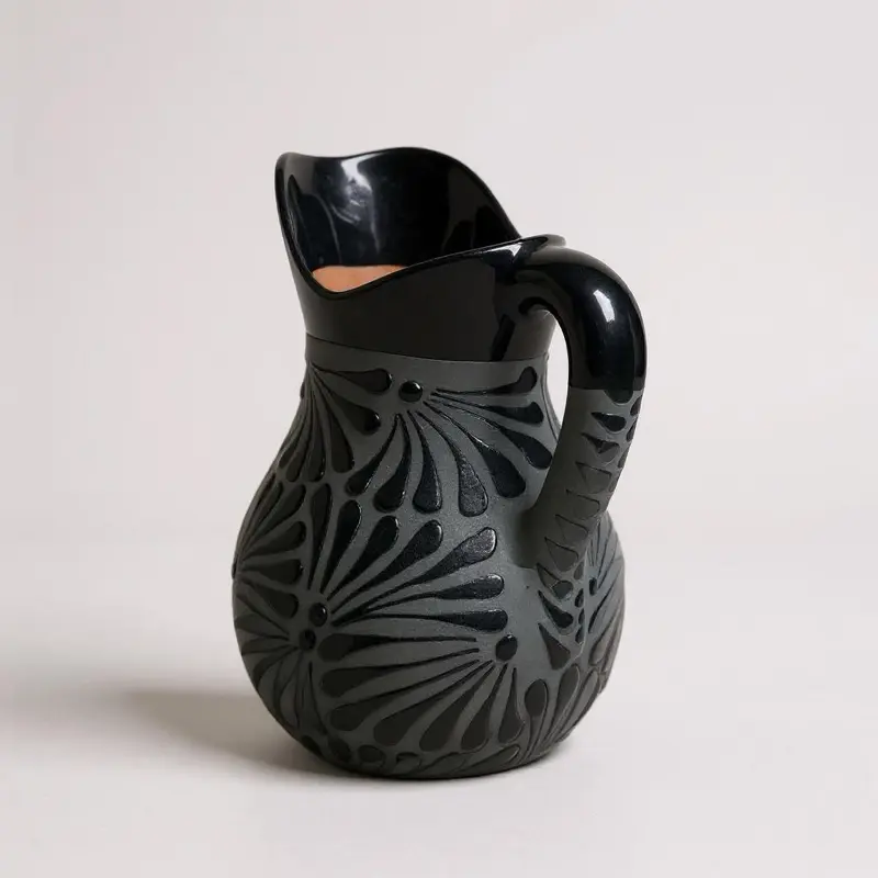 “Handcrafted Black Clay Pitcher – Mexican Pottery Water & Juice Jug with Floral Design”