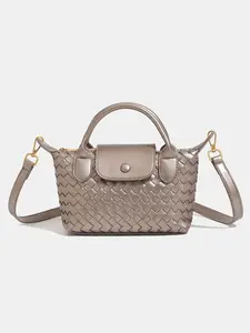 French Luxury Woven Mini Handbag for Women - Braided PU Leather Top Handle Crossbody Purse, Crossbody Shoulder Purses, Detachable Adjustable Strap, Polished Gold Hardware, Snap Button Closure, Neutral Classic Colors, Stylish Design Ideal for Date Nights