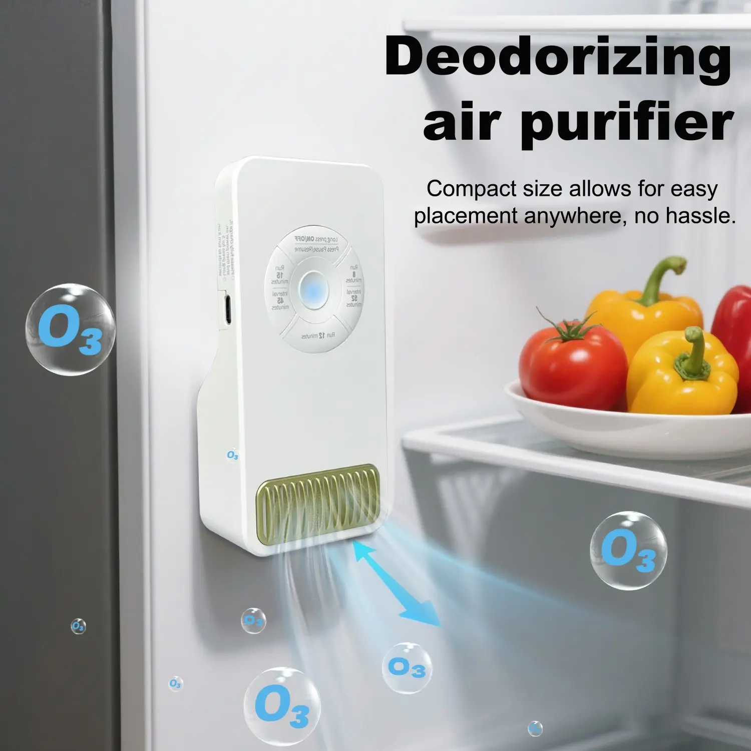 Compact USB Smart Odor Purifier with Ozone Sterilization, Deodorizing, Anti-Bacteria, Odor Removal & Auto-Sense Functions - Versatile for Refrigerator, Shoe Cabinet, Bath - 5-Minute Intervals & 8/12/15/45-Minute Run Times