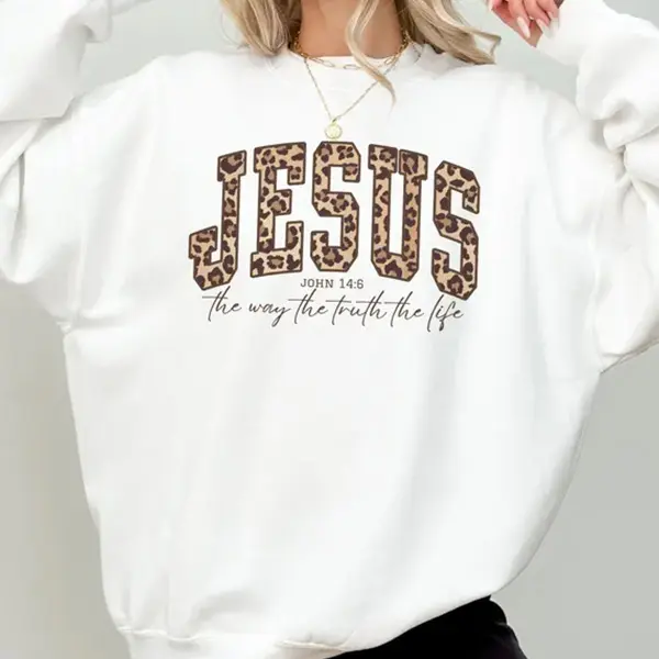 Christian Jesus Sweatshirt, Cheetah Print Faith Crewneck, John 14:6 Bible Verse Sweater, Trendy Religious Gift for Women