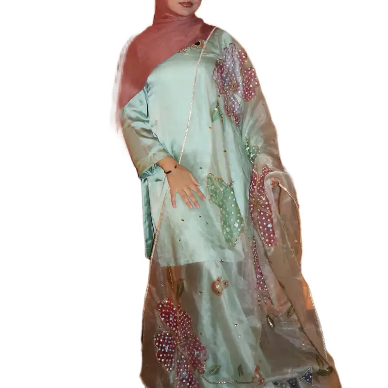 Indian Pakistani Wedding Flowy Sharara Suit with Hand Painted Dupatta in Silk Material for Elegant Occasions