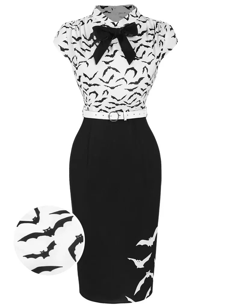 RETRO STAGE Women's 1960s Gothic Polyester Pencil Dress with Bow Lapel and Cap Sleeves, Belted Knee-Length for Night Out or Dress Up, Party Fit, 1960S Aesthetic, Outfit Of The Night, Gothic Look, Back Zipper, 1 X Belt, Alternative Gothic Party Dresses
