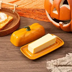 1pc Pumpkin-Shaped Ceramic Butter Dish with Lid - Autumn Farmhouse Kitchen Decor, Cute Ceramic Butter Keeper/Container/Tray for Countertop, Thanksgiving & Halloween Gift, Durable Ceramic for Serving & Cooking, Fall Kitchenware, Seasonal Home Decor