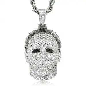 Space ice 60mm Iced Out Michael Myers Human Face Mask Pendant, Full CZ Diamond Hip Hop Charm,Zircon Statement Pendant Necklace for Men, 65g Heavy Weight