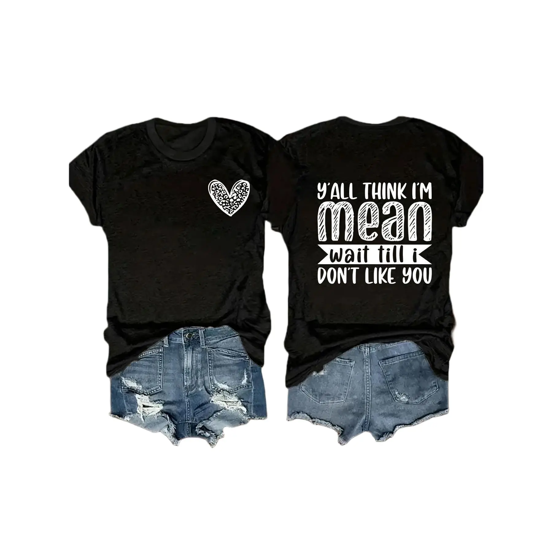 Women's Oversized Short-Sleeve T-Shirt - Funny Sarcastic "Y'all Think I'm Mean" Quote, Trendy Heart Graphic, Breathable Fabric Garment