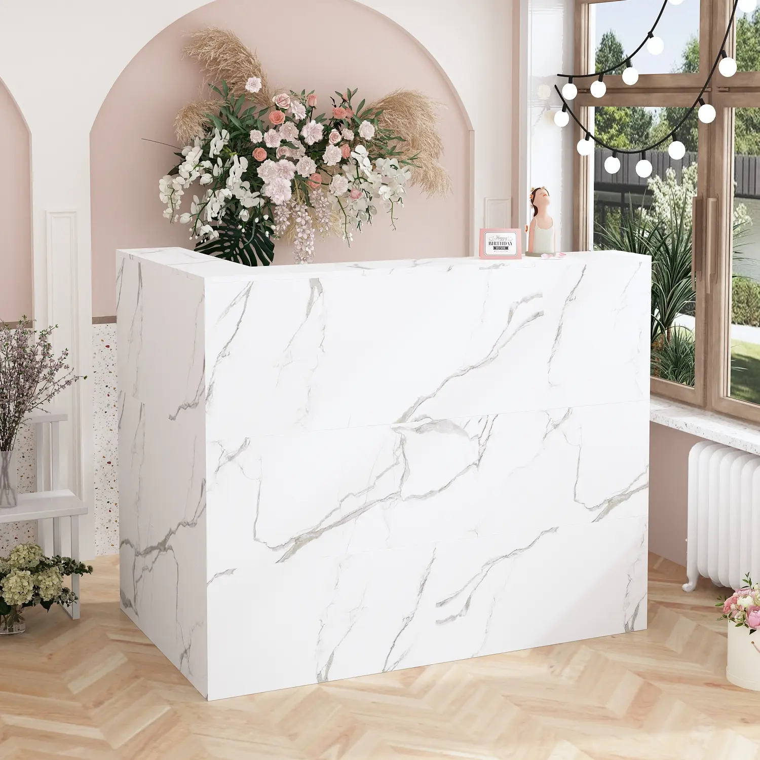 FUFU&GAGA Modern L-Shaped Reception Desk Counter Table - Commercial Office Furniture, Modern Corner Desk with Lockable Drawer, Open Shelves, Durable Tables, Cabinet Enclosure Tables