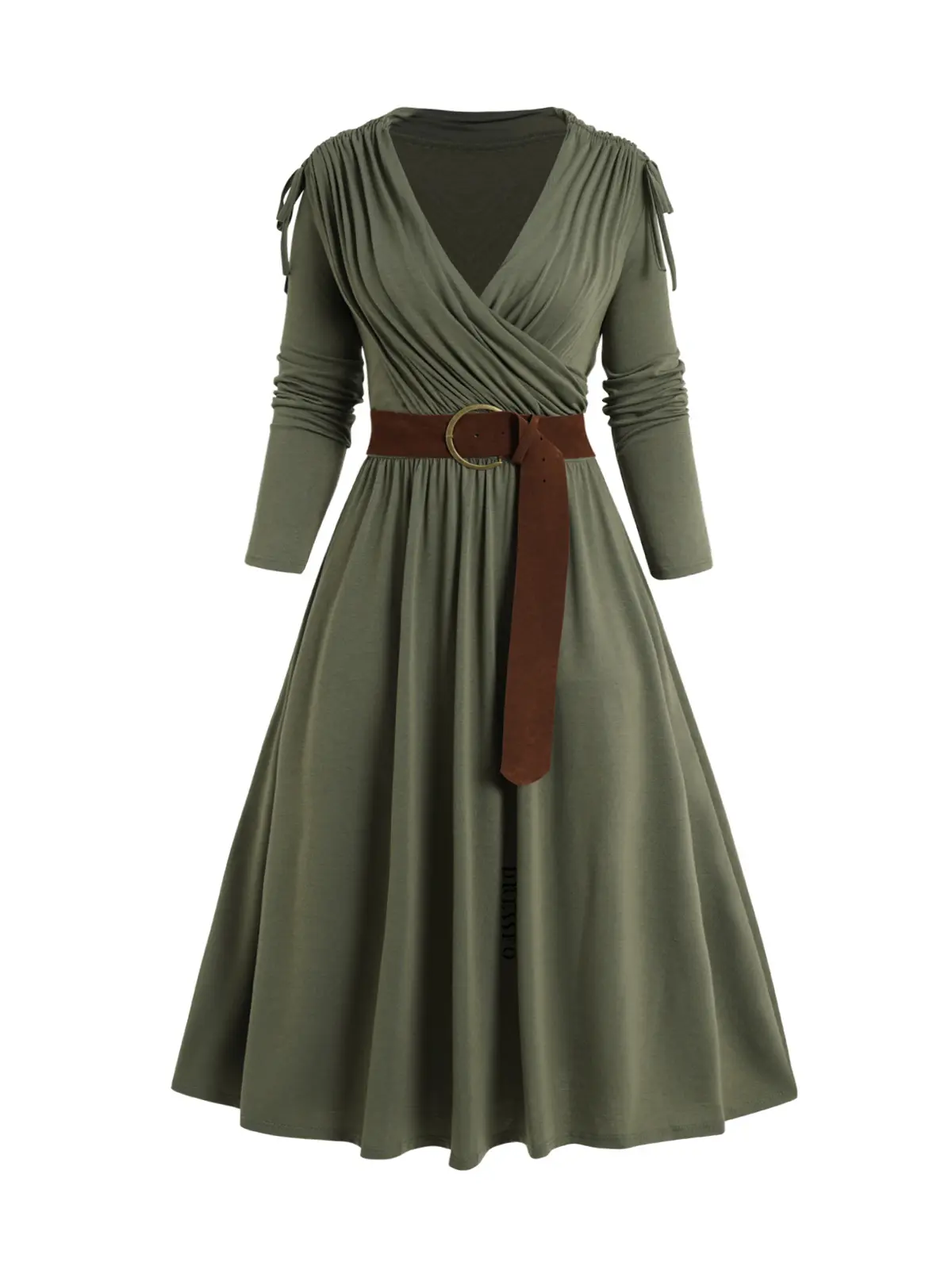 Dresslily 2025 Women's Plus Size Olive Green Belted Midi Dress with Ruched Surplice & High Waist Long Sleeve A-Line Silhouette for Fall Winter