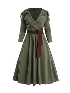 Dresslily 2025 Women's Plus Size Olive Green Belted Midi Dress with Ruched Surplice & High Waist Long Sleeve A-Line Silhouette for Fall Winter