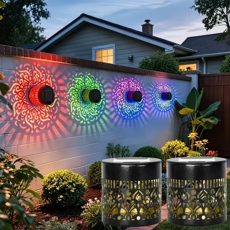 Geometric Solar Mandala Projection Aluminum Fence Lights - 7-Color Changing Solar Illuminated Waterproof Outdoor Lamps, Garden Decorations for Patios, Courtyards, Halloween 2026 Party Gifts, Aluminum Solar Light, Outdoor Lights Lamps
