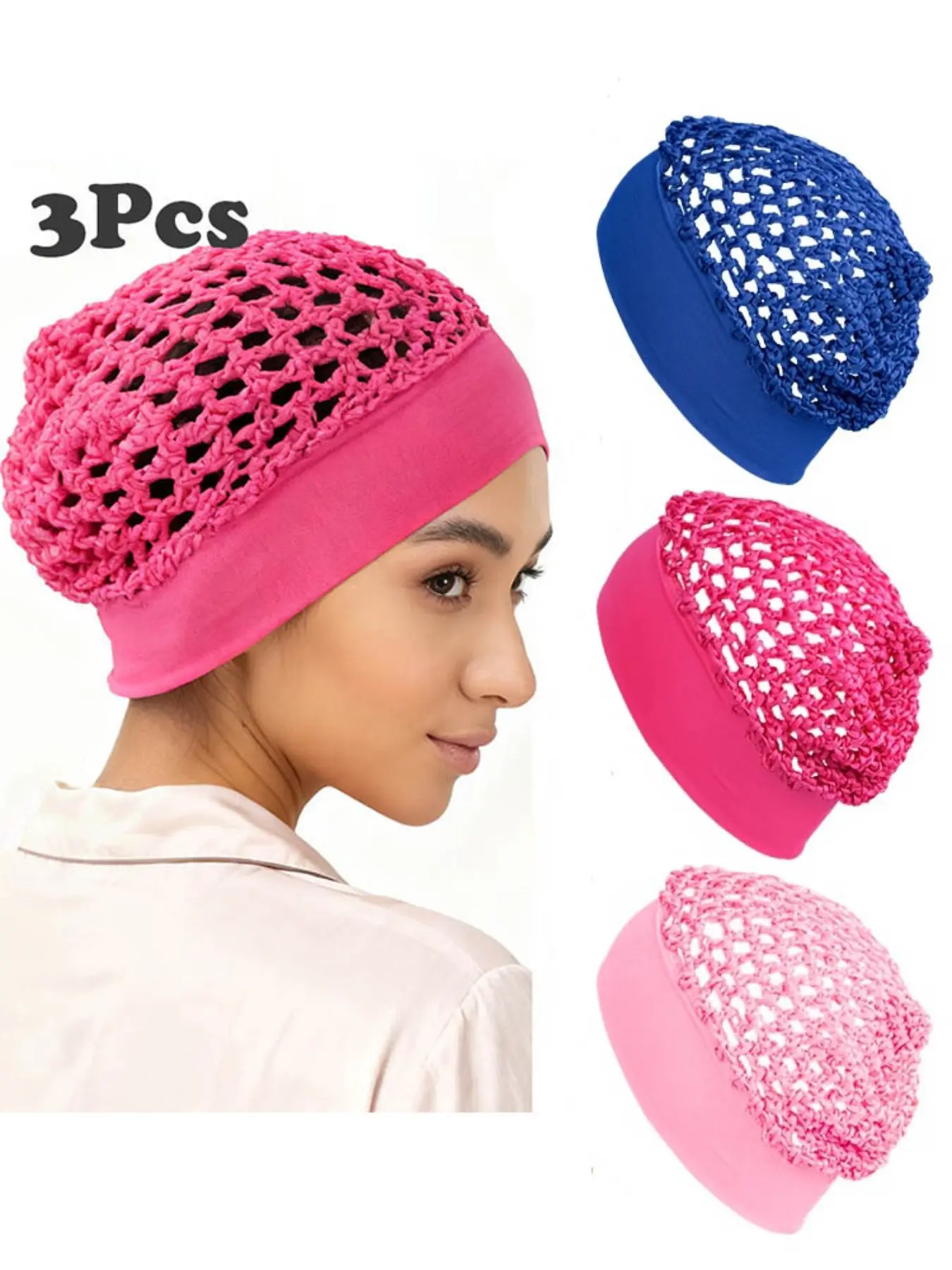 3pcs Mesh Crochet Hair Net, Rayon Knit Snood Hat, Thick Short Women Hairnet, Snoods Cover Ornament for Sleeping, Sleep Bonnets, Comfortable & Stylish, Hair Coverings